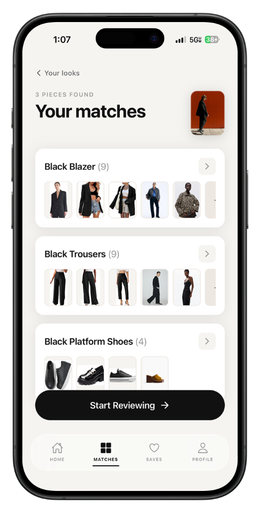 Cura app showing categorized product matches by item