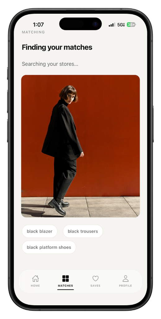 Cura app searching for outfit matches from a screenshot