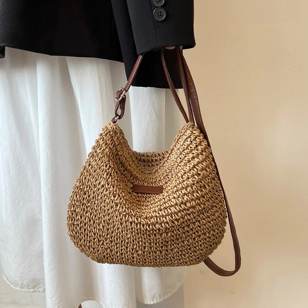 Woven straw handbag